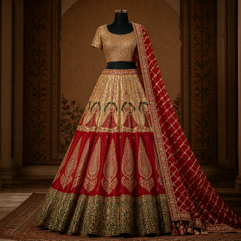 photorealistic fashion design, photorealistic fashion design, photorealistic fashion design, photorealistic fashion design, photorealistic fashion design, A Female fashion design, for Wedding, in Indian style. Dark shimmery golden tissue bridal lehenga with heavy flare and bottle green brocade border at the bottom and red raw silk long and broad paisley motifs placed above green border upto above knee. India fashion aesthetics., indian style, just the design no text. Refinement: Give Red gharchola Dupatta in gujrati style , just the design no text. Refinement: Keep the green border but make the entire area above green border in red colour uptil above knee, just the design no text. Refinement: In this outfit cover the area from hip to above knee in golden, just the design no text. Refinement: Make the golden area in this lehenga upto knee, just the design no text. Refinement: Fill the Golden area in this outfit with bride and groom varmala motifs embroidered in red green and golden colour in one horizontal line above red portion in this lehenga
photorealistic fashion design, photorealistic fashion design, photorealistic fashion design, photorealistic fashion design, photorealistic fashion design, photorealistic fashion design, A Female fashion design, for Wedding, in Indian style. Dark shimmery golden tissue bridal lehenga with heavy flare and bottle green brocade border at the bottom and red raw silk long and broad paisley motifs placed above green border upto above knee. India fashion aesthetics., indian style, just the design no text. Refinement: Give Red gharchola Dupatta in gujrati style , just the design no text. Refinement: Keep the green border but make the entire area above green border in red colour uptil above knee, just the design no text. Refinement: In this outfit cover the area from hip to above knee in golden, just the design no text. Refinement: Make the golden area in this lehenga upto knee, just the design no text. Refinement: Fill the Golden area in this outfit with bride and groom varmala motifs embroidered in red green and golden colour in one horizontal line above red portion in this lehenga , just the design no text