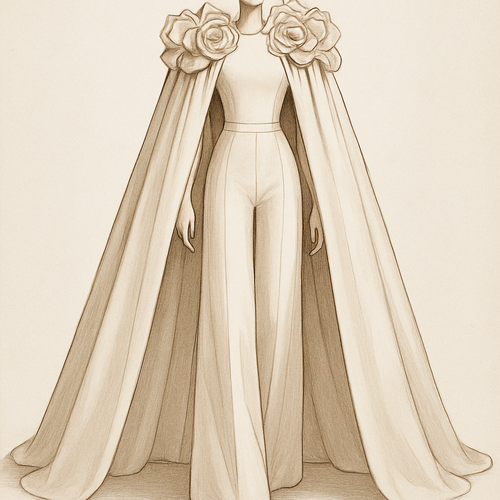 Queen’s Petal Cape Ensemble
A long, graceful cape adorned with 3D sculpted petals at the shoulders, styled over a minimalist inner top and matching palazzo trousers. Royal, fluid, and modern.