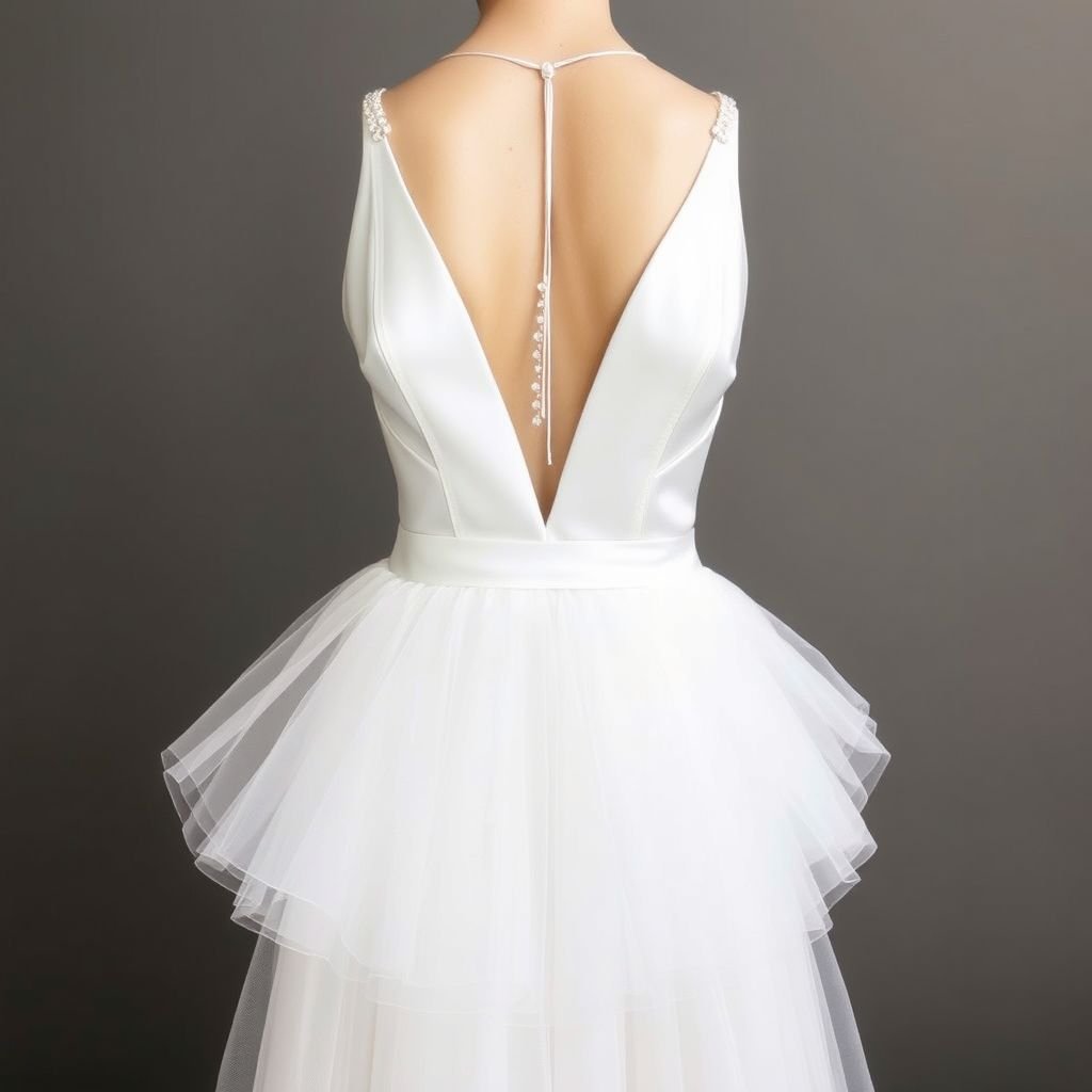 2. Upper Part: • Deep V-shaped neckline starting from the shoulders down to the underbust area. • The neckline is heavily adorned with white crystal embellishments, which are densest at the top and gradually decrease downward. • A thin, sash-like white belt wraps around the waist. 3. Lower Part: • From the waist down, the fabric falls straight, made of very lightly layered and slightly voluminous white tulle or organza. • The volume is minimal, creating a natural and elegant look. • The delicate fabric begins where the crystal embellishments end. 4. Color and Fabric: • The main fabric is white, made of shiny satin or silk. • The crystals or pearls embellishing the neckline and bust are in crystal or pearl tones. • The lower part’s fabric is white, slightly transparent, and has a flowing movement. 5. Details: • The back can be open or feature thin straps. • Sleeves are either absent or very thin straps are preferred. • The crystals used on the neckline and bust area are small and delicate, creating a subtle sparkle without overwhelming the design.
Inspired by ethereal elegance, this fashion design features a stunning deep V-shaped neckline adorned with sparkling white crystals that cascade like morning dew. The sleek satin bodice transitions into lightly layered white tulle, flowing effortlessly around the legs. With minimal volume and an open back, it embodies a modern, sophisticated silhouette perfect for chic soirées.
