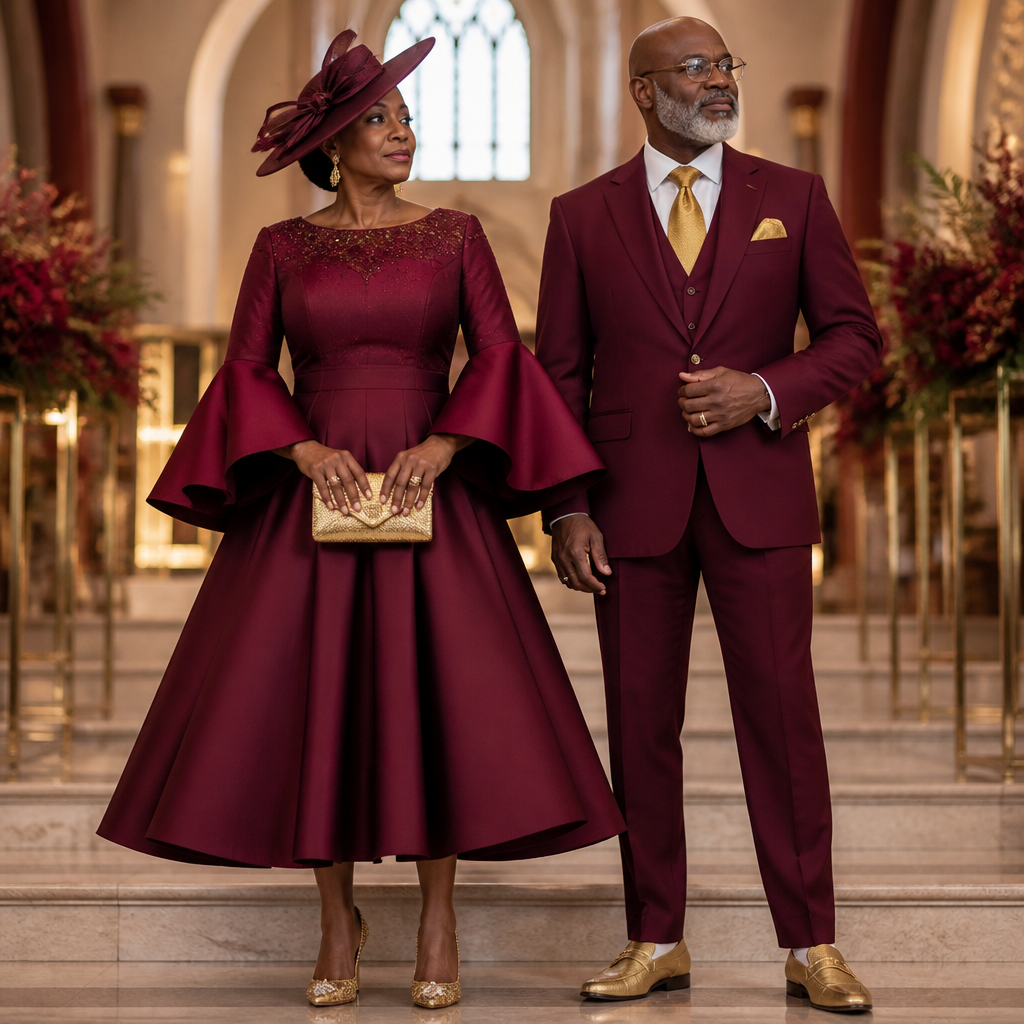 Make a dress for a African American First Lady for Easter service and let the color of the dress be burgundy red with flared sleeves and a flared skirt with a matching hat and gold high heels and a gold clutch and have the pastor dressed in a burgundy red suit with a gold tie and gold loafers
photorealistic fashion design, Make a dress for a African American First Lady for Easter service and let the color of the dress be burgundy red with flared sleeves and a flared skirt with a matching hat and gold high heels and a gold clutch and have the pastor dressed in a burgundy red suit with a gold tie and gold loafers, just the design no text