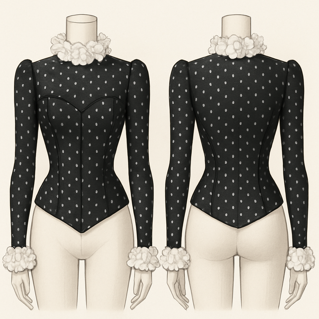 A body fitted corset poca dotted top with high shoulders fitted long sleeves ruffled white flower on sleeves end and around the neck
A body fitted corset poca dotted top with high shoulders fitted long sleeves ruffled white flower on sleeves end and around the neck , show front and back
