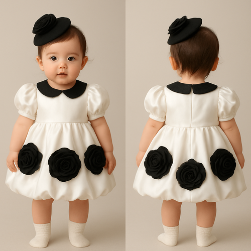 一歳の女の子着用画
白のサテンドレス、襟は丸くて黒、バルーンスカートで丈は膝上
パフスリーブ(ボリュームあり)
サテンの黒の大きなバラをスカート部分の前側と後ろ側に均等に３つずつバランスよくつけて
頭には黒のカクテルハット、同じバラを小さめで着けて
