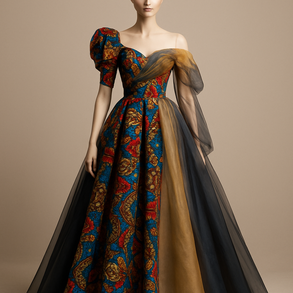 Create a gown that's first of its kind, featuring a unique design that made of colorful Ankara with two tone organza fabric that classy and have a sophisticated vibe. On a real mannequin with a face and i will like it in three designs, each showcasing different styles and designs which will 
Incorporate high-end, unique chic designs 

Create a gown that's first of its kind, featuring a unique design that made of colorful Ankara with two tone organza fabric that classy and have a sophisticated vibe. On a real mannequin with a face and i will like it in three designs, each showcasing different styles and designs which will 
Incorporate high-end, unique chic designs , classic style