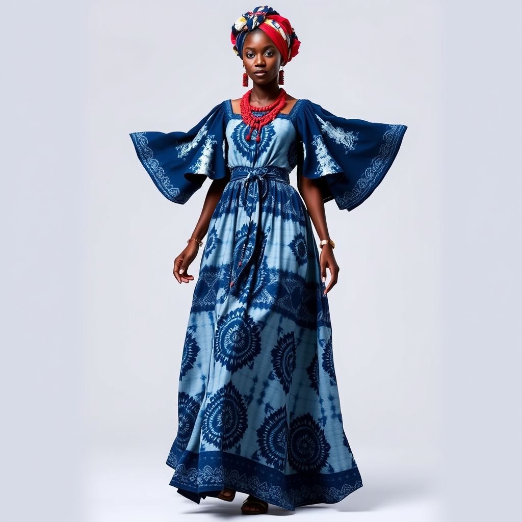 Imagine a black top model wearing a flowy dress in Adiré material
Imagine a stunning black top model elegantly adorned in a floor-length, flowy Adiré dress, showcasing intricate indigo tie-dye patterns inspired by traditional Yoruba artistry. The dress features bold, asymmetrical sleeves and a cinched waist, complemented by vibrant beaded accessories and intricate headwraps. Celebrating African culture with modern sophistication, she radiates confidence.