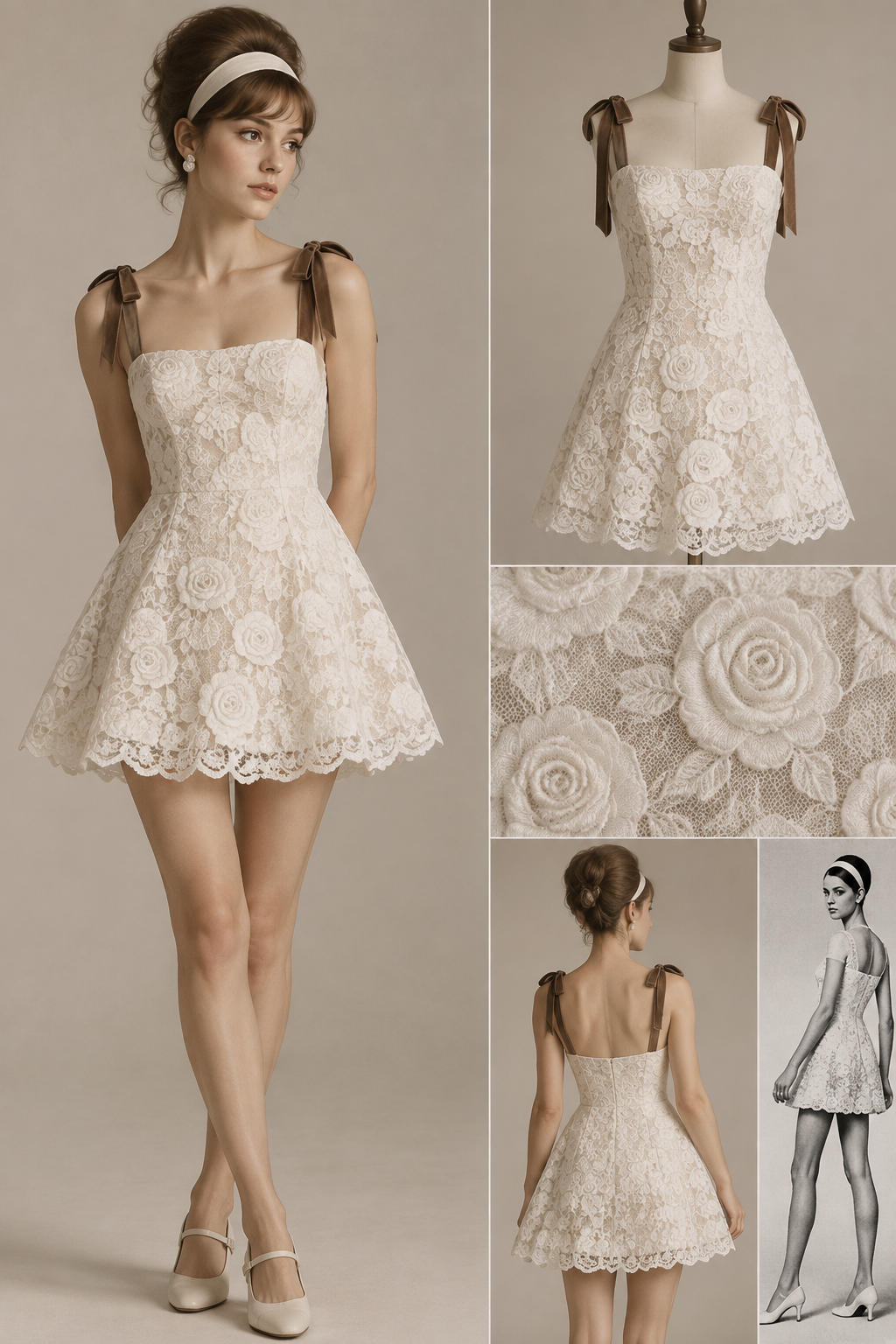 a short dress made of lace with three style harmoniously mixied:1960s,Romatic and conquette.the kind of two strings dress(the strings are not too thin, and are brown).The dress is white.Add roses texture
a short dress made of lace with three style harmoniously mixied:1960s,Romatic and conquette.the kind of two strings dress(the strings are not too thin, and are brown).The dress is white.Add roses texture, sixties style