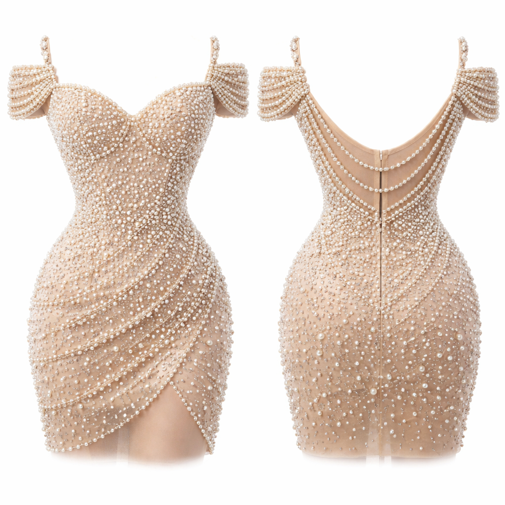 Short curve or petite dress with pearls all over it
Short curve or petite dress with pearls all over it
, elegant style, show front and back