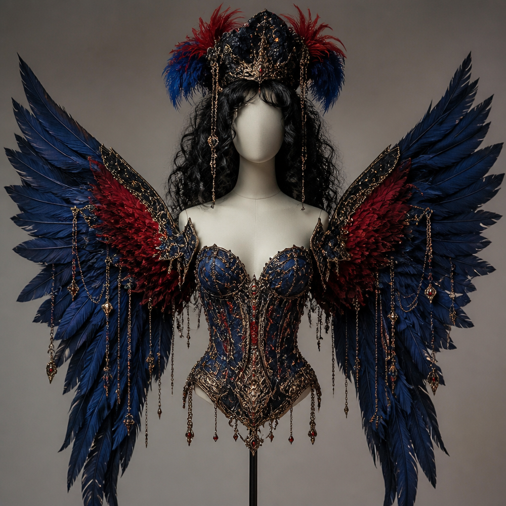 photorealistic fashion design, i would like top courses with big very big blue and red wings also I want the corset to have black blue and red also cold in it and long terms I want the charms to be in the wings too also I want the wigs of very big. Greece fashion aesthetics., just the design no text. Refinement: I would like to give only the corset the wings and the hat but I want to remove the skirt
photorealistic fashion design, photorealistic fashion design, i would like top courses with big very big blue and red wings also I want the corset to have black blue and red also cold in it and long terms I want the charms to be in the wings too also I want the wigs of very big. Greece fashion aesthetics., just the design no text. Refinement: I would like to give only the corset the wings and the hat but I want to remove the skirt, just the design no text