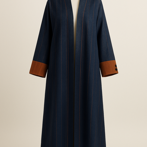 Abaya long that is open like coat and in one side there one long line and with long sleeves
That the base color is dark blue similar to the jeans fabric but not exactly that has thin lines in orange brown color and inside the sleeve orange brown color with buttons
