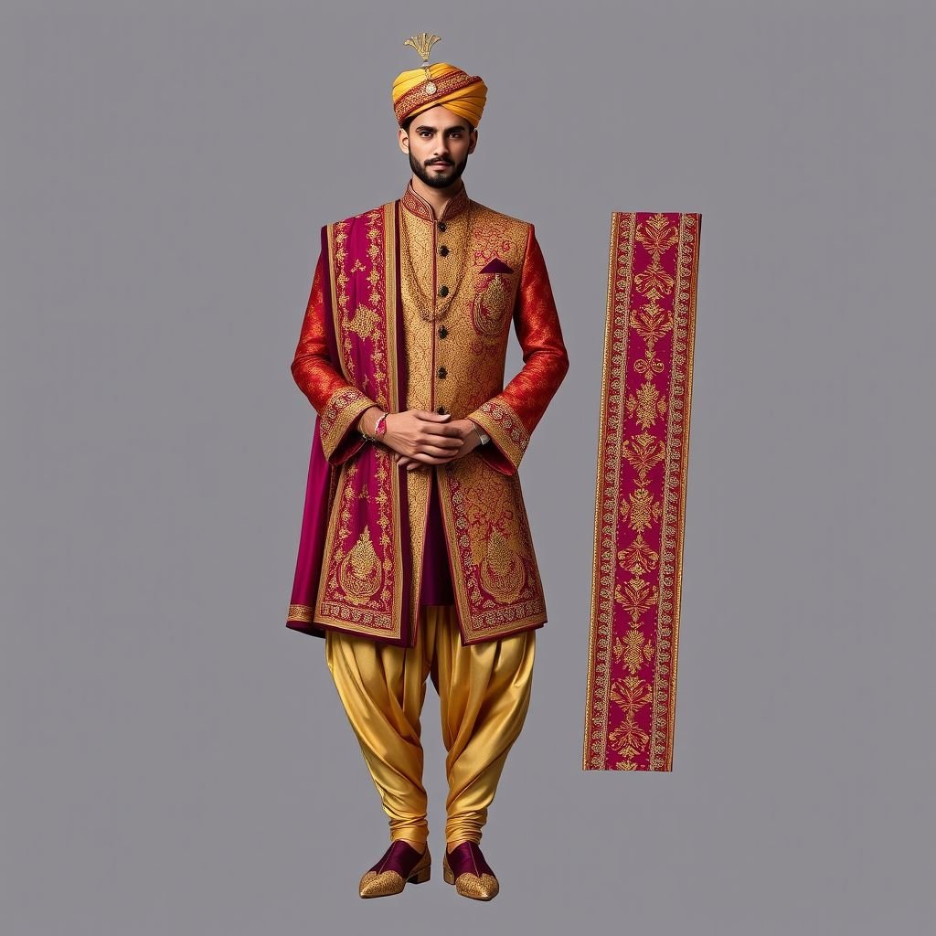Formal
Create a formal Indian attire ensemble that beautifully blends traditional and contemporary elements. Envision a tailored silk sherwani adorned with intricate zardozi embroidery, paired with slim-cut, embroidered churidar pants. The look is completed with a coordinating dupatta featuring ornate gold accents and rich jewel tones, exuding elegance and cultural heritage.