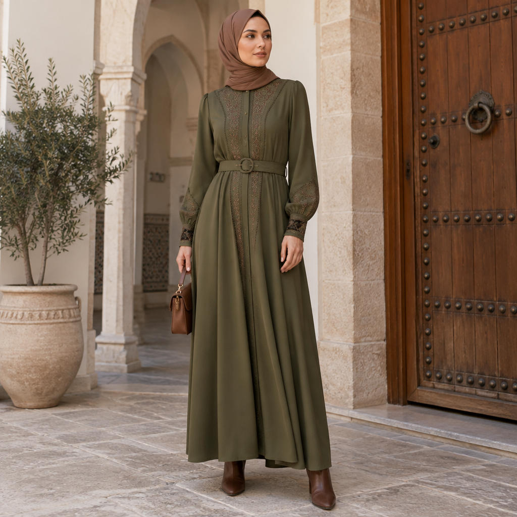 A Female Dress design, with modest, full coverage: longer hemlines, higher necklines and covered shoulders, suitable for Fall. Tunisia fashion aesthetics. Current season is Autumn in Tunisia. Present it as professional fashion catalogue photography: the garment is the subject, shown full-length with editorial styling, neutral posing and tasteful, non-suggestive framing.
photorealistic fashion design, A Female Dress design, with modest, full coverage: longer hemlines, higher necklines and covered shoulders, suitable for Fall. Tunisia fashion aesthetics. Current season is Autumn in Tunisia. Present it as professional fashion catalogue photography: the garment is the subject, shown full-length with editorial styling, neutral posing and tasteful, non-suggestive framing., just the design no text