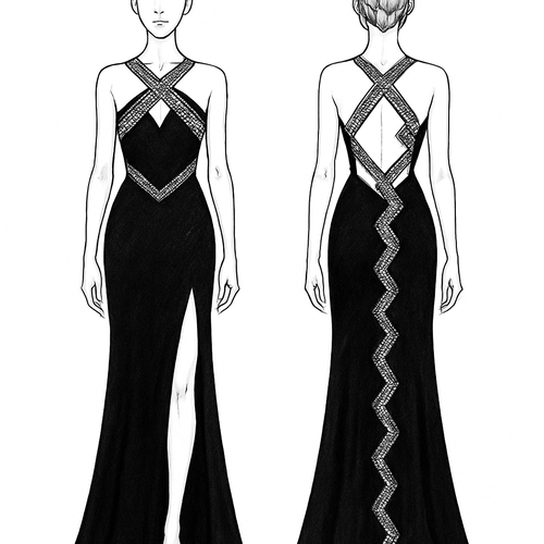 I want to design a dress that has an open back and a leg split with stripes of diamonds in the open back and that kind of has an x in the front that is big and also has diamonds the dress is black and tight around the waist but gets loose as it goes on and the stripes have to be zigzag