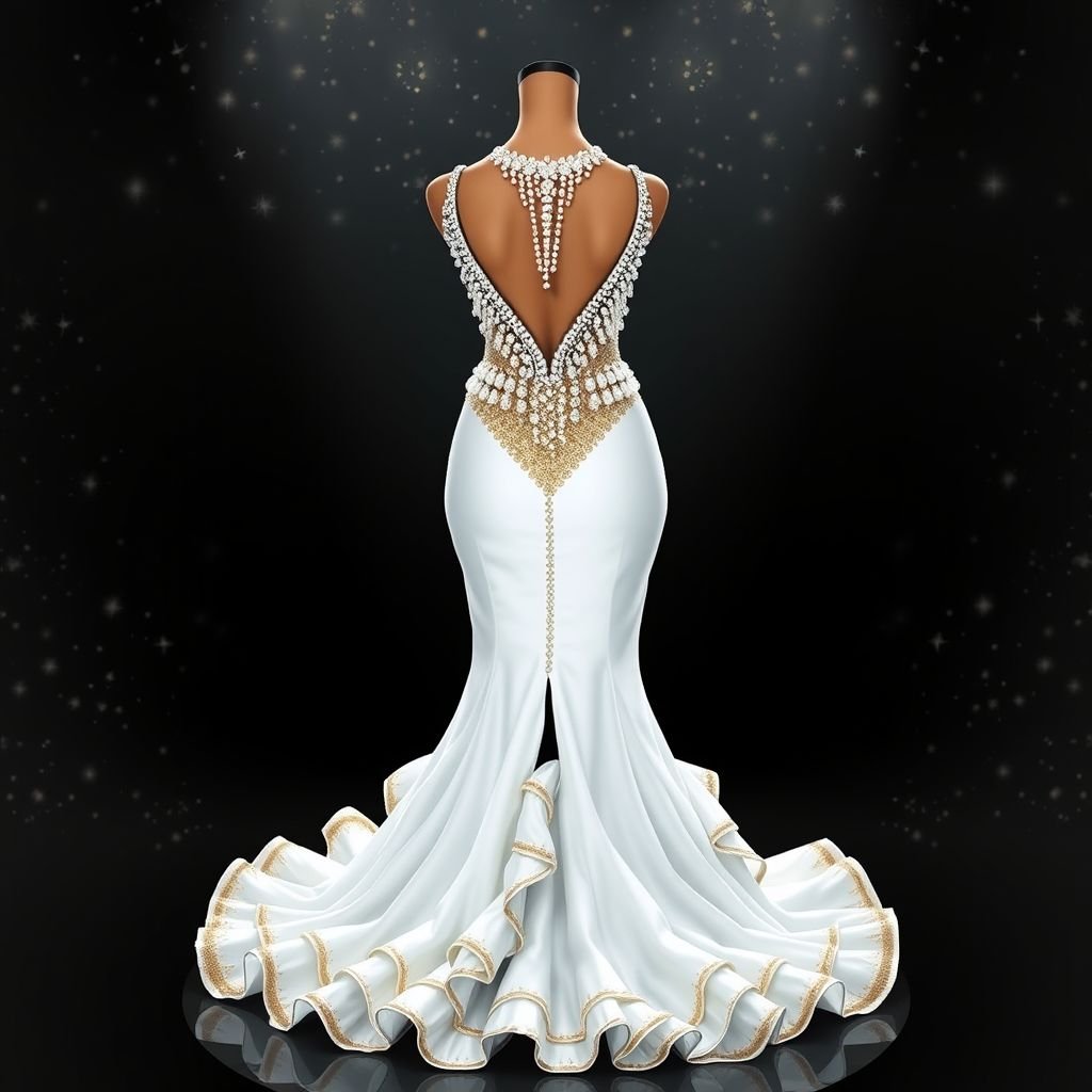 fit gown with v shape on the back and in the middle of tge back pearls and crystal hanging over and on the front sexy top with shell shape and the belt are made off flowers and the botton mermain tail with a slit that is open till the knee and around it ruffles and the color white and gold
Envision an enchanting fit gown featuring a dramatic V-shaped back adorned with cascading pearls and crystals that glisten like stars. The sultry shell-shaped top enhances allure, while a floral belt accentuates the waist, leading to a mesmerizing mermaid tail with a daring knee-high slit. Ruffles dance around the hem, showcasing an ethereal palette of white and shimmering gold, perfect for a modern-day goddess.