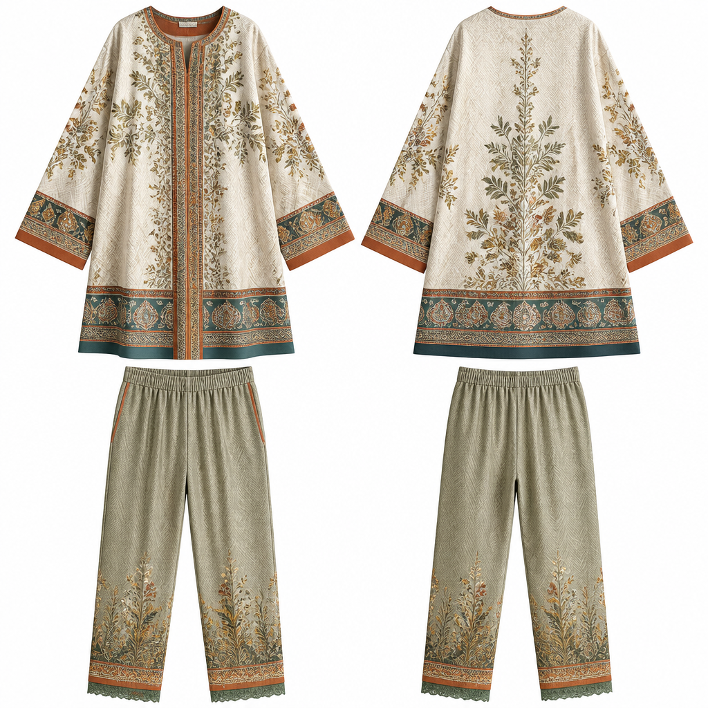 A Female Dress design, suitable for Summer, in Casual style. Create a completely original luxury Pakistani women's winter co-ord set. Every time this prompt is used, generate a NEW and UNIQUE design. Never repeat the same print, embroidery, color palette, layout, neckline, sleeve style, trouser style, or motif composition from previous generations.
Generate one ultra-high-resolution 8K fashion design board with exactly four views:
• Kurta Front
• Kurta Back
• Trouser Front
• Trouser Back
For every generation, randomly create:
- A completely new luxury color palette (3–6 harmonious colors)
- A unique print style (choose from floral, geometric, paisley, Mughal, abstract, botanical, ethnic, tribal, artistic, contemporary, or a creative fusion)
- A different print placement and pattern
- A new neckline design
- A different sleeve design
- A new kurta length and silhouette
- A unique trouser style (straight, cigarette, tapered, wide-leg, culotte, or ankle-length)
- Fresh border designs and motif arrangements
- New fabric textures suitable for winter (khaddar, linen, wool blend, brushed cotton)
Design Rules:
- Make every design look like a premium Pakistani luxury pret collection.
- Ensure the print composition is balanced and original.
- Maintain elegant proportions and professional tailoring.
- Do not copy or imitate any existing brand or collection.
- Every output must be visually different from previous ones.
Presentation:
Professional fashion CAD sheet, white background, realistic fabric texture, premium stitching details, sharp textile rendering, soft studio lighting, photorealistic, print-ready quality.
Quality:
Ultra-detailed, HDR, 8K, fashion catalog quality, no model, no mannequin, no watermark, no logo, no text.. Pakistan fashion aesthetics.
photorealistic fashion design, A Female Dress design, suitable for Summer, in Casual style. Create a completely original luxury Pakistani women's winter co-ord set. Every time this prompt is used, generate a NEW and UNIQUE design. Never repeat the same print, embroidery, color palette, layout, neckline, sleeve style, trouser style, or motif composition from previous generations.
Generate one ultra-high-resolution 8K fashion design board with exactly four views:
• Kurta Front
• Kurta Back
• Trouser Front
• Trouser Back
For every generation, randomly create:
- A completely new luxury color palette (3–6 harmonious colors)
- A unique print style (choose from floral, geometric, paisley, Mughal, abstract, botanical, ethnic, tribal, artistic, contemporary, or a creative fusion)
- A different print placement and pattern
- A new neckline design
- A different sleeve design
- A new kurta length and silhouette
- A unique trouser style (straight, cigarette, tapered, wide-leg, culotte, or ankle-length)
- Fresh border designs and motif arrangements
- New fabric textures suitable for winter (khaddar, linen, wool blend, brushed cotton)
Design Rules:
- Make every design look like a premium Pakistani luxury pret collection.
- Ensure the print composition is balanced and original.
- Maintain elegant proportions and professional tailoring.
- Do not copy or imitate any existing brand or collection.
- Every output must be visually different from previous ones.
Presentation:
Professional fashion CAD sheet, white background, realistic fabric texture, premium stitching details, sharp textile rendering, soft studio lighting, photorealistic, print-ready quality.
Quality:
Ultra-detailed, HDR, 8K, fashion catalog quality, no model, no mannequin, no watermark, no logo, no text.. Pakistan fashion aesthetics., casual style, just the design no text
