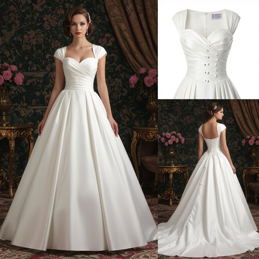 1918 inspired wedding dress
Pinup fashion: 1918 inspired wedding dress with a cinched waist, full skirt, and sweetheart neckline, featuring pearl buttons.