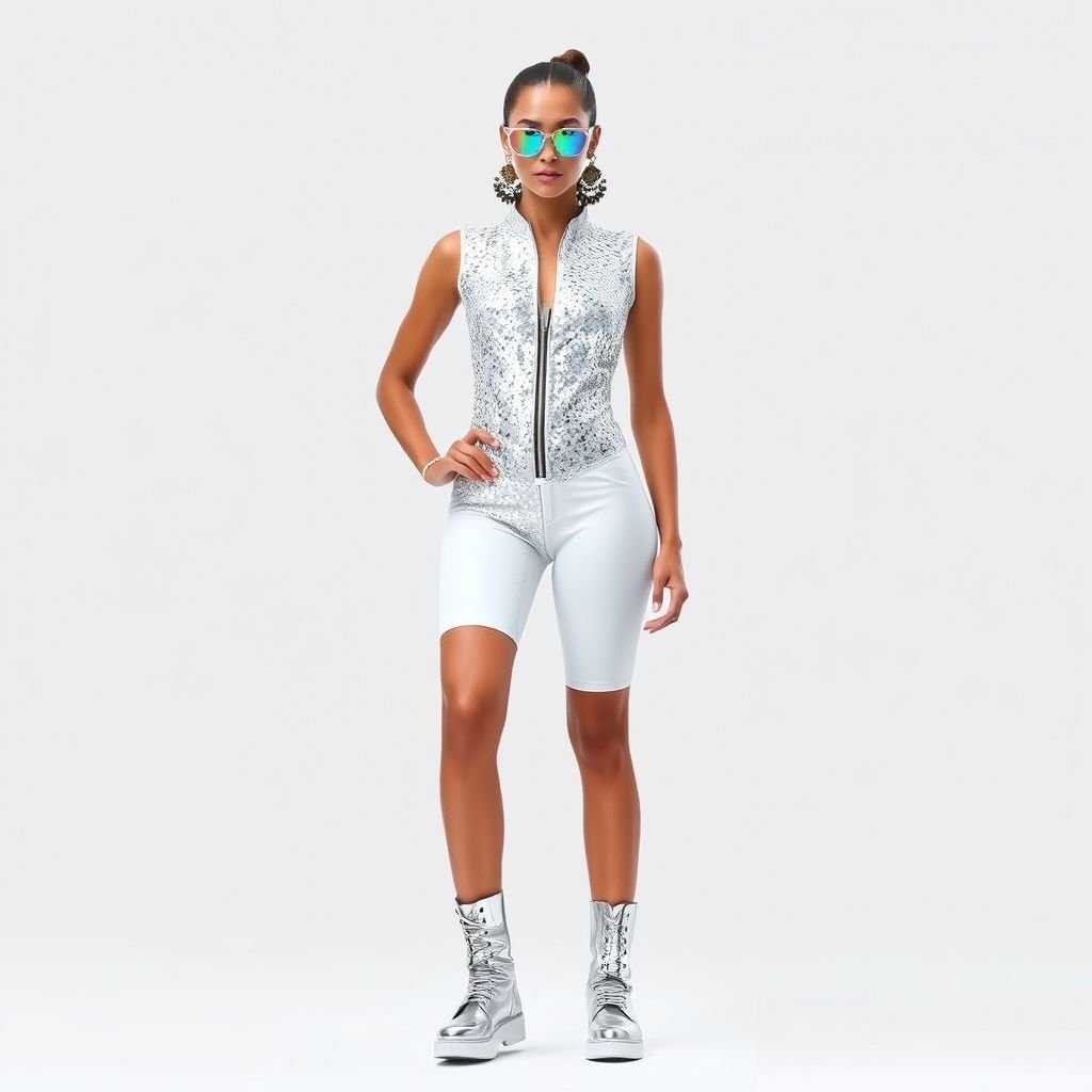 white sequins zipper shorts unitard
Design a stunning white sequined zipper shorts unitard, perfect for a futuristic summer festival. The form-fitting silhouette features shimmering sequins that catch the light, while the sleek zipper runs from neckline to waist for a playful touch. Pair with metallic platform boots, oversized holographic sunglasses, and bold statement earrings for an eye-catching look.