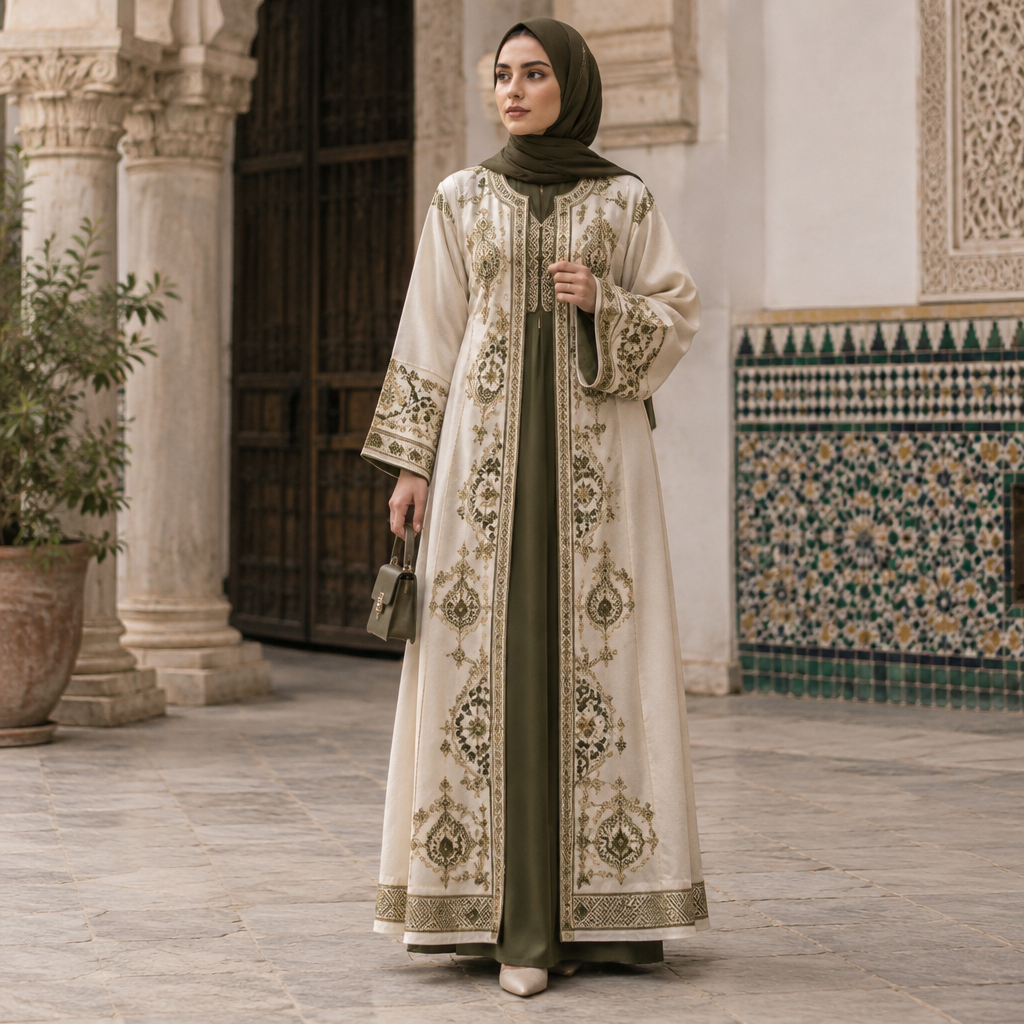 A Female fashion design. Algeria fashion aesthetics. Current season is Autumn in Algeria. Present it as professional fashion catalogue photography: the garment is the subject, shown full-length with editorial styling, neutral posing and tasteful, non-suggestive framing.
photorealistic fashion design, A Female fashion design. Algeria fashion aesthetics. Current season is Autumn in Algeria. Present it as professional fashion catalogue photography: the garment is the subject, shown full-length with editorial styling, neutral posing and tasteful, non-suggestive framing., just the design no text