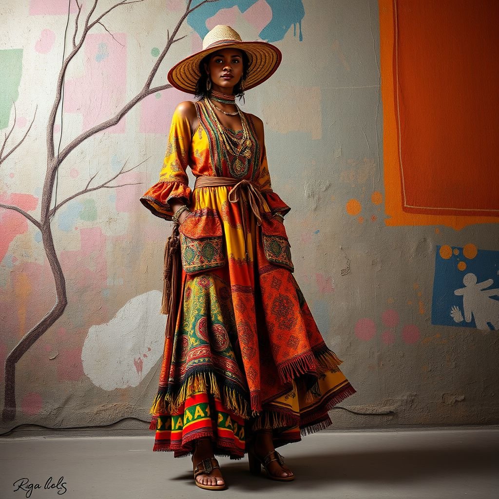 Ghetto
Design a vibrant bohemian gown inspired by urban ghetto aesthetics, featuring an eclectic mix of bold patterns, layered textiles, and flowing silhouettes. Incorporate fringe details and oversized pockets for functionality, with a color palette of earthy tones and splashes of neon. Accessorize with handmade jewelry and oversized hats for a free-spirited vibe.