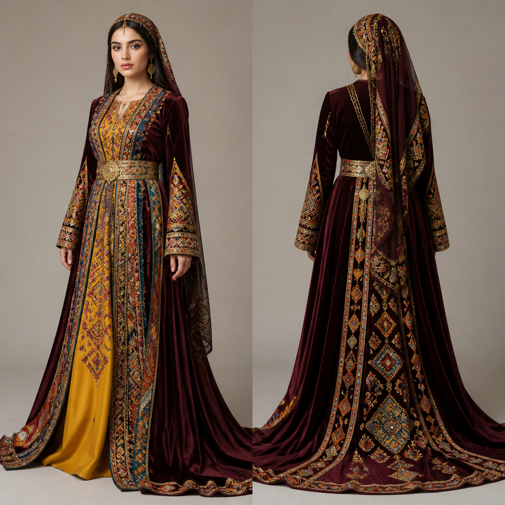 Create a long, flowing gown with rich traditional Kurdish embroidery, intricate geometric motifs, delicate gold details, layered colorful fabrics, and a beautiful traditional Kurdish shawl or headpiece. Combine authentic Kurdish cultural elements with a modern haute couture aesthetic. Use luxurious silk and velvet textures, an elegant and feminine silhouette, sophisticated craftsmanship, realistic fabric details, full-body fashion photography, professional fashion design, highly detailed, clean studio background.
photorealistic fashion design, Create a long, flowing gown with rich traditional Kurdish embroidery, intricate geometric motifs, delicate gold details, layered colorful fabrics, and a beautiful traditional Kurdish shawl or headpiece. Combine authentic Kurdish cultural elements with a modern haute couture aesthetic. Use luxurious silk and velvet textures, an elegant and feminine silhouette, sophisticated craftsmanship, realistic fabric details, full-body fashion photography, professional fashion design, highly detailed, clean studio background., winter style, just the design no text, show front and back