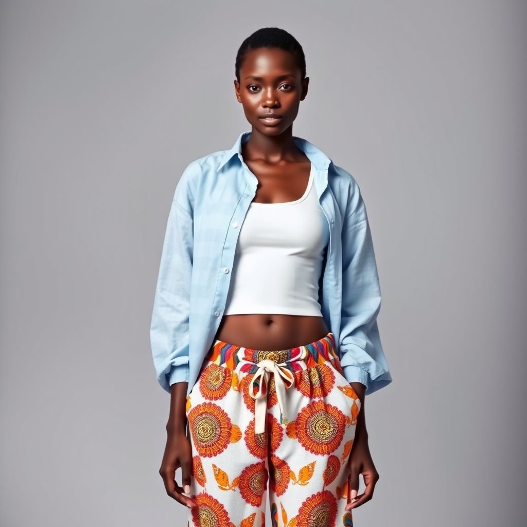 Imagine a light skin African top model wearing a long sleeved light blue linen shirt with extra long sleeves covering her hands ,shirt opened to reveal white cropped singled and low waisted very big baggy barrel pants cuffed at the ankle in multi colored Adire material
Imagine a stunning light-skinned African top model draped in a long-sleeved, light blue linen shirt, the flowing sleeves artfully covering her hands. Underneath, a crisp white cropped tank exposes her midriff, perfectly paired with exquisite, colorful Adire fabric baggy barrel pants that cinch at the ankles, celebrating vibrant African heritage and culture.
