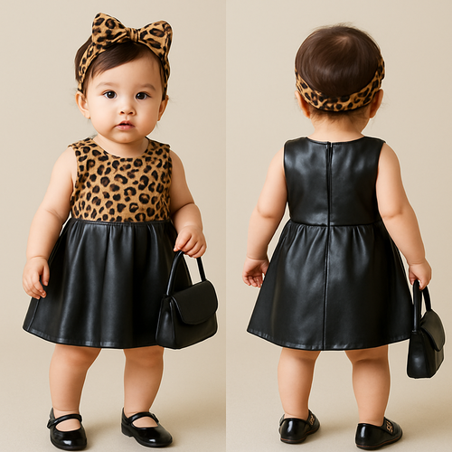 一歳の女の子着用画
ヒョウ柄と黒のレザーを使ったラブリーなドレス
黒いパンプス
頭にヒョウ柄のアクセサリー
黒いレザーの小さなバック