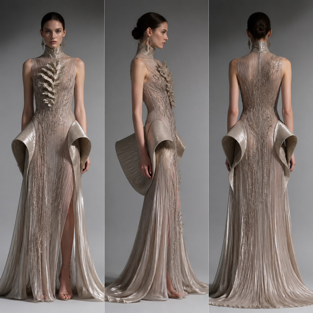 Create a completely original, high-fashion women’s dress with a unique silhouette, innovative construction, and exclusive design details. Avoid copying or resembling any existing fashion brand, designer, runway collection, or copyrighted pattern. The dress should feature original fabric textures, creative draping, elegant proportions, and distinctive embellishments that have never been seen before. Use a harmonious color palette, luxurious materials, and modern couture craftsmanship. Present the design on a fashion model in a clean studio setting with professional runway lighting, showing front, side, and back views. The overall style should be fresh, sophisticated, timeless, and entirely new, emphasizing originality and creativity.”
photorealistic fashion design, Create a completely original, high-fashion women’s dress with a unique silhouette, innovative construction, and exclusive design details. Avoid copying or resembling any existing fashion brand, designer, runway collection, or copyrighted pattern. The dress should feature original fabric textures, creative draping, elegant proportions, and distinctive embellishments that have never been seen before. Use a harmonious color palette, luxurious materials, and modern couture craftsmanship. Present the design on a fashion model in a clean studio setting with professional runway lighting, showing front, side, and back views. The overall style should be fresh, sophisticated, timeless, and entirely new, emphasizing originality and creativity.”, just the design no text