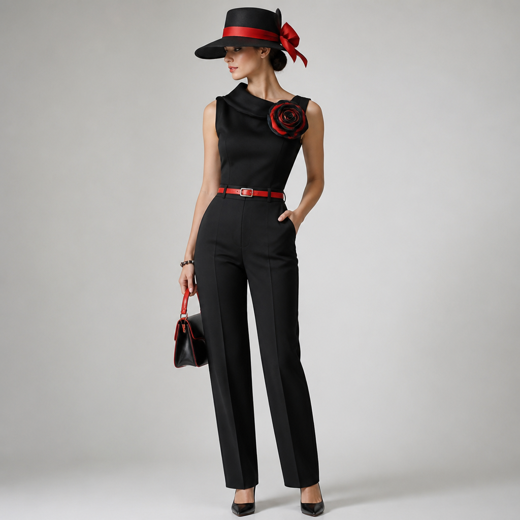 A Female Pants design, suitable for Summer, in Business style. шляпа черная,бантик и ленточка на шляпе красные,сам топ черный,розочка на топе черно-красная, ремешок на брюках красных,а сами брюки чёрные,на руке браслет,а в руках сумочка,каблуки чёрные. Russia fashion aesthetics.
photorealistic fashion design, A Female Pants design, suitable for Summer, in Business style. шляпа черная,бантик и ленточка на шляпе красные,сам топ черный,розочка на топе черно-красная, ремешок на брюках красных,а сами брюки чёрные,на руке браслет,а в руках сумочка,каблуки чёрные. Russia fashion aesthetics., business style, just the design no text