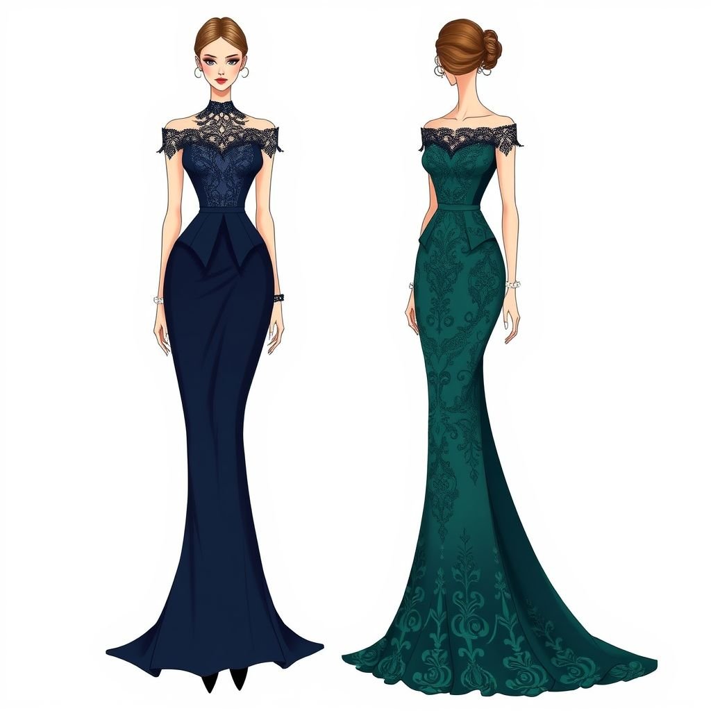 I am trendy classy fancy and love style and old money colors
Design an elegant evening gown inspired by classic couture, featuring a tailored silhouette in rich, old money colors like deep emerald and royal navy. Incorporate intricate lace overlays and pearl embellishments. The gown should have a timeless off-the-shoulder neckline and a sweeping train, radiating sophistication and opulence for the discerning fashionista.