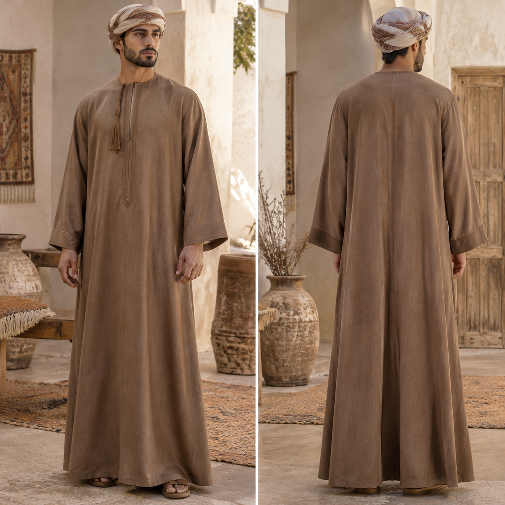 A Male Abaya design, made of Linen, with a sturdy, casual hand, with an A-Line silhouette, in an Earth Tones color palette, in Cottagecore + Vintage + Bohemian style. Oman fashion aesthetics. Present it as professional fashion catalogue photography: the garment is the subject, shown full-length with editorial styling, neutral posing and tasteful, non-suggestive framing.
photorealistic fashion design, A Male Abaya design, made of Linen, with a sturdy, casual hand, with an A-Line silhouette, in an Earth Tones color palette, in Cottagecore + Vintage + Bohemian style. Oman fashion aesthetics. Present it as professional fashion catalogue photography: the garment is the subject, shown full-length with editorial styling, neutral posing and tasteful, non-suggestive framing., cottagecore style, just the design no text, show front and back
