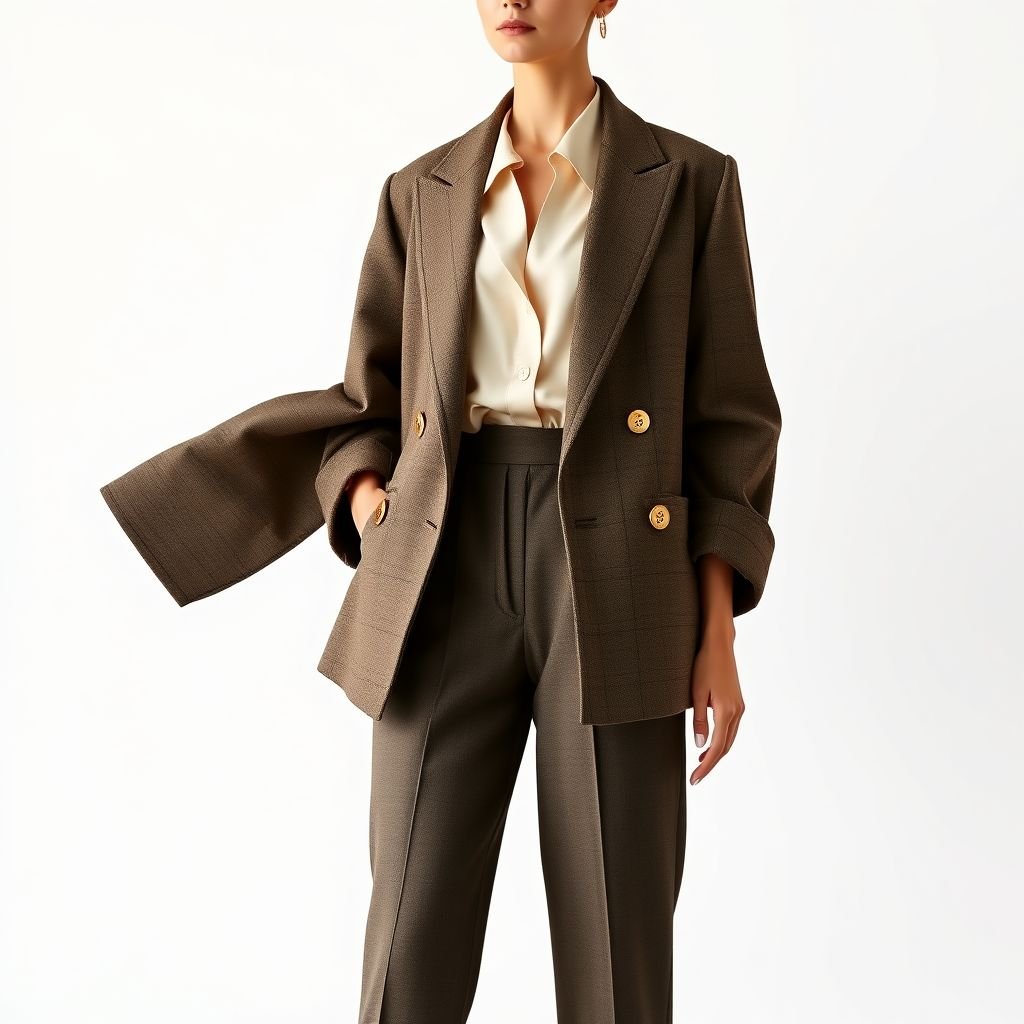 oversized casual blazer for women with open long sleeves
Design an elegant oversized casual blazer for women, embodying classic sophistication. Incorporate luxurious wool fabric with a tailored silhouette, featuring open long sleeves that flow gently. Adorn it with timeless gold buttons and a notched lapel. Pair it with a silk blouse and high-waisted trousers for an effortlessly chic ensemble.