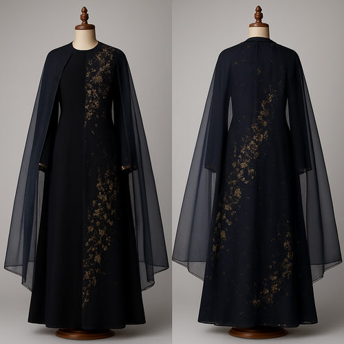 ‏cape‑Panel Abaya
‏"Full‑length modern abaya with detachable sheer organza cape from shoulders to ankle, black crepe base, diagonal shoulder‑to‑hem embroidery combining tiny stars, Taif roses and micro Kashmiri motifs, cape edge trimmed with small pearls, delicate gold thread highlights, contrast navy organza cape, embroidery extends visibly to the ankle, shown on an elegant carved wooden mannequin, photorealistic, couture product photography style, crisp details, studio lighting, full‑length view."

