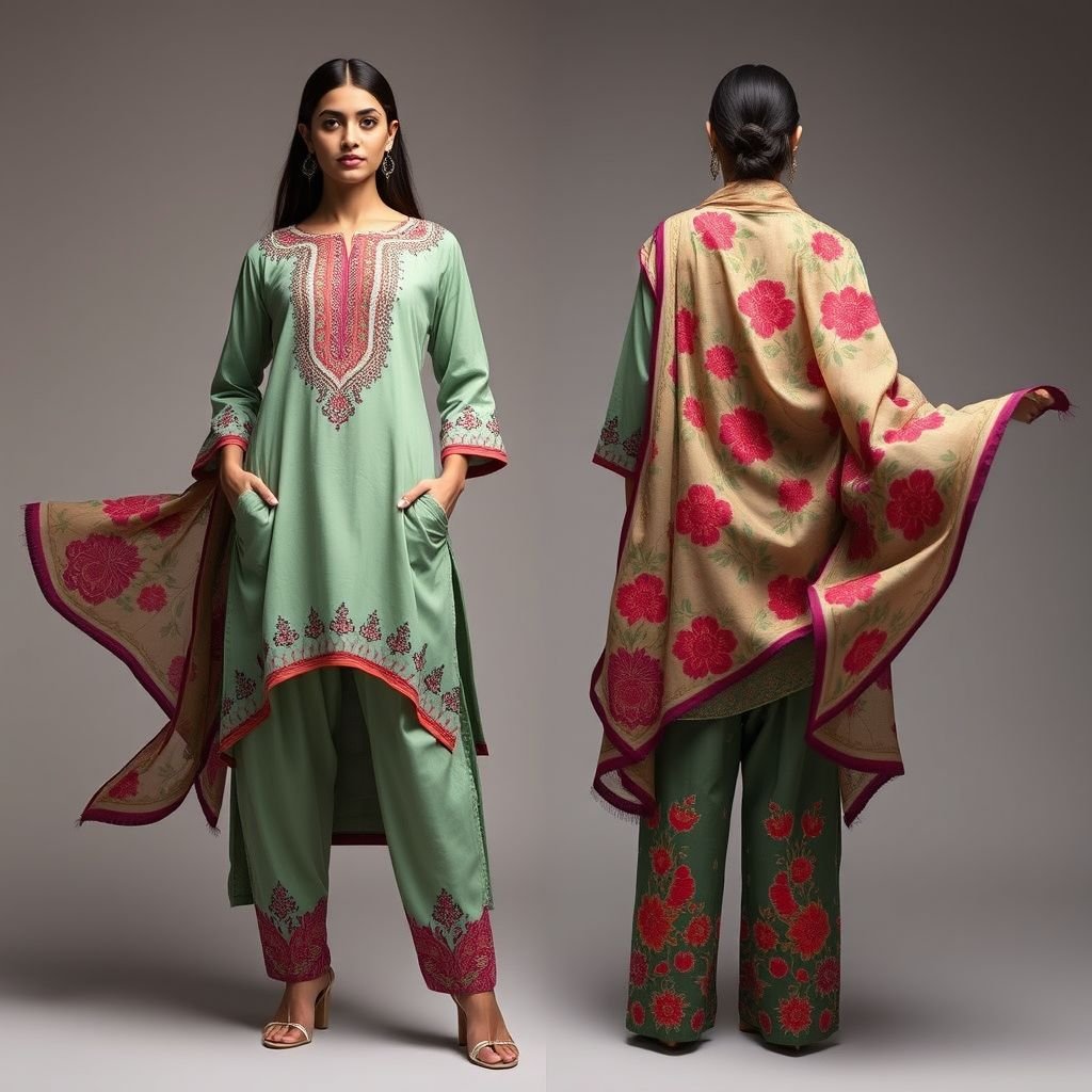 Shalwar kameez
Imagine a contemporary shalwar kameez reimagined with a fusion of traditional and avant-garde elements. The kameez features asymmetrical hems and intricate laser-cut patterns, while the shalwar boasts exaggerated side pockets and a high-waisted silhouette. Vibrant, hand-painted motifs create a whimsical flair, paired with dramatic dupattas flowing effortlessly, celebrating cultural heritage.