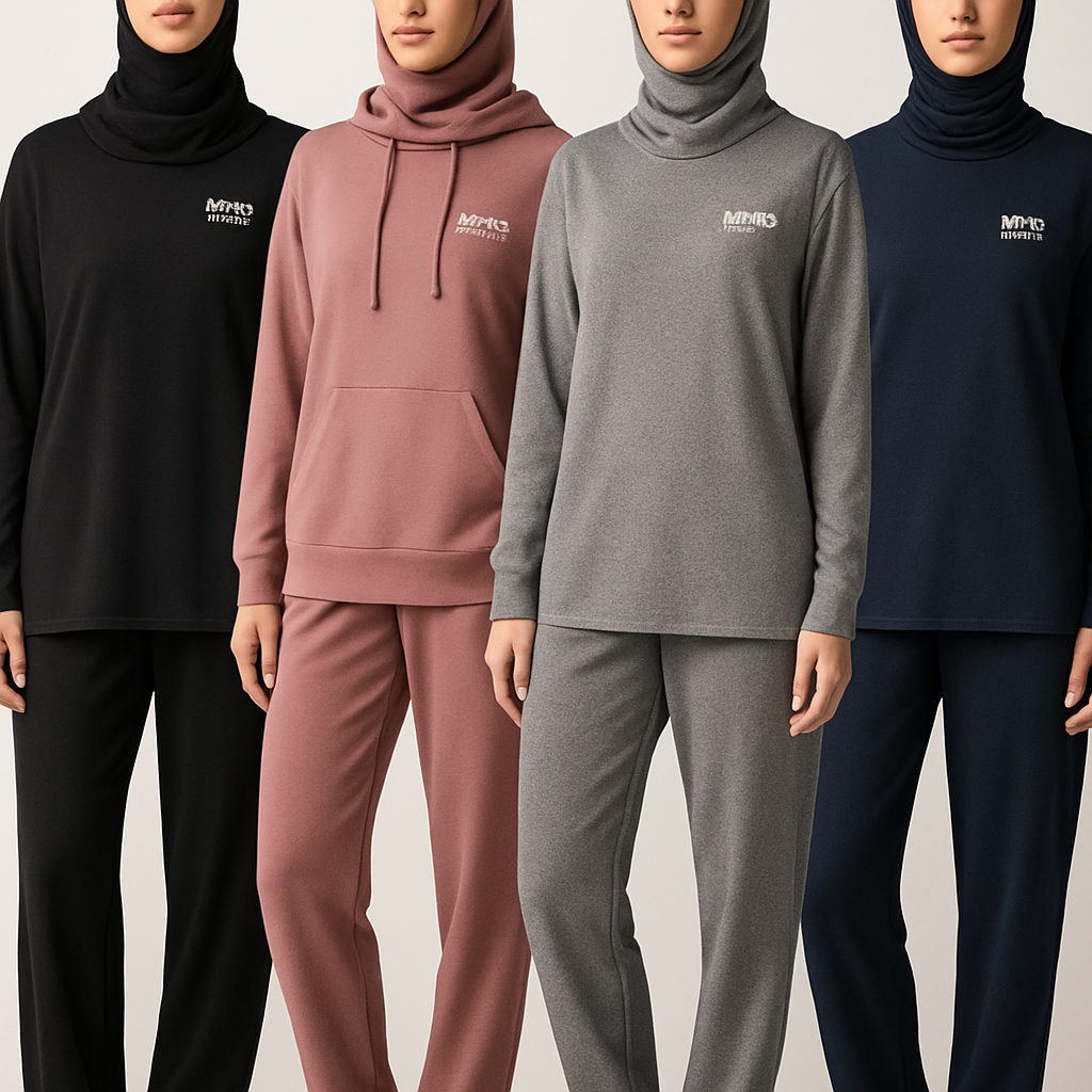 Create a revolutionary women's modest loose gym wear brand called "Modest Fleur". Display the brand name on the in a unique design on the upper right side, in small thick writing that exudes a classy and sophisticated vibe. I'd like four designs, each showcasing different styles and fabrics, with high-end, chic designs to make them truly special. Making it first design in the world 

Create a revolutionary women's modest loose gym wear brand called "Modest Fleur". Display the brand name on the in a unique design on the upper right side, in small thick writing that exudes a classy and sophisticated vibe. I'd like four designs, each showcasing different styles and fabrics, with high-end, chic designs to make them truly special. Making it first design in the world 