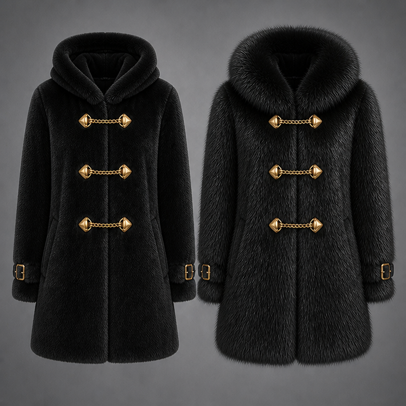 Make the same two coats one in fox fur and the other in mink color I want is black
edit the attached fashion design with these instructions: Make the same two coats one in fox fur and the other in mink color I want is black. keep it photorealistic, just the design no text