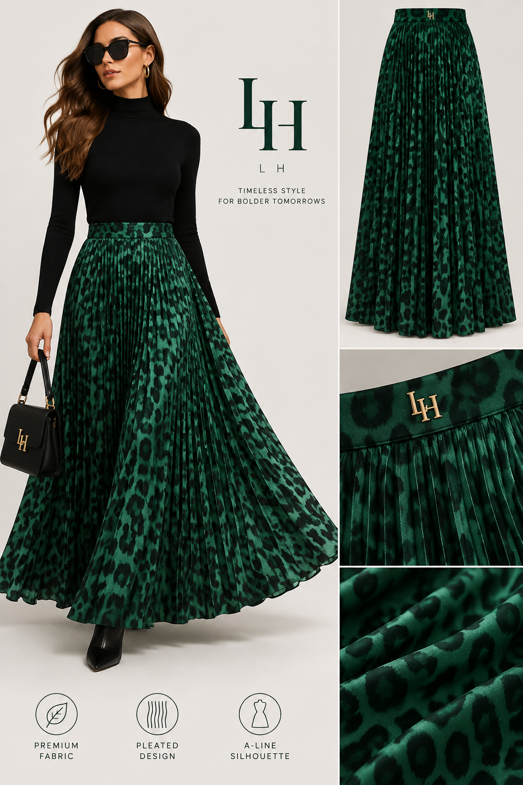 emeralt gree- Women's A-Line Maxi Skirt - Leopard Print Pleated Full-Length Skirt- with logo LH
emeralt gree- Women's A-Line Maxi Skirt - Leopard Print Pleated Full-Length Skirt- with logo LH