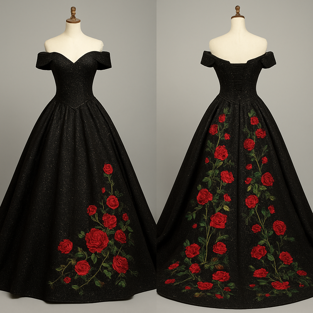 Glittery wedding dress,black color, off the shoulder sleeves. With red roses and green vines embroidered cascading down the back of the dress flowing along the train. Corset top and lace up back.
Glittery wedding dress,black color, off the shoulder sleeves. With red roses and green vines embroidered cascading down the back of the dress flowing along the train. Corset top and lace up back., rockabilly style, show front and back