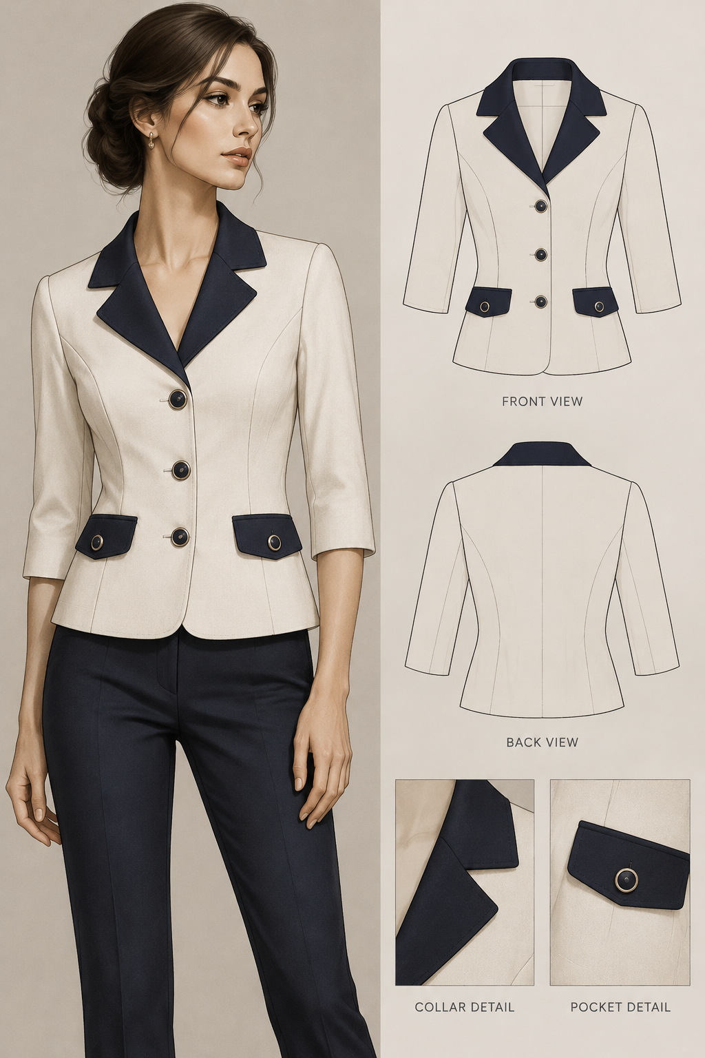 a fitted jacket with three-quarter sleeves, featuring a collar and pocket flaps in a different color
a fitted jacket with three-quarter sleeves, featuring a collar and pocket flaps in a different color