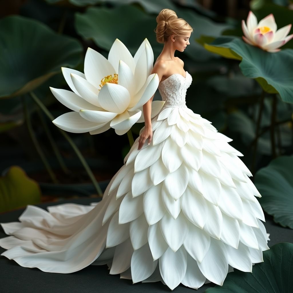 I want a wedding dress inspired by a white Lotus with the top of the dress I want to be just normal bonus pedal and for the skirt I want the skirt to be like a big ball gown and singular lotus petals going along the skirt big Lotus petals that take up the length of the skirt and I don’t want them stacked on top of each other. I want them next to each other.
Design an ethereal wedding dress inspired by a blooming white Lotus. The fitted bodice mimics delicate petals, seamlessly transitioning into a voluminous ball gown skirt adorned with oversized individual Lotus petals cascading gracefully. Each petal, intricately placed side by side, creates a whimsical movement, evoking nature’s elegance as the bride glides forward.