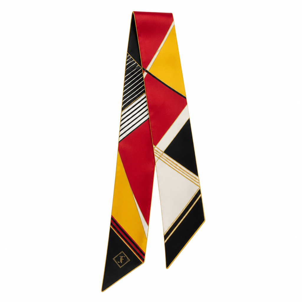 Design a luxury silk twilly scarf for Jolie Franc using a signature color block design. Create a sophisticated, feminine, modern pattern with bold geometric color sections, clean lines, and a timeless French luxury aesthetic.
Use red, yellow, black and white as the palette. Add a subtle Jolie Franc logo near one pointed end and a minimal signature detail such as a thin gold line or elegant border.
The design should feel like a collectible fashion accessory inspired by movement, heritage, sport, and the moments that bring people together. Minimal, chic, and high-end.
photorealistic fashion design, Design a luxury silk twilly scarf for Jolie Franc using a signature color block design. Create a sophisticated, feminine, modern pattern with bold geometric color sections, clean lines, and a timeless French luxury aesthetic.
Use red, yellow, black and white as the palette. Add a subtle Jolie Franc logo near one pointed end and a minimal signature detail such as a thin gold line or elegant border.
The design should feel like a collectible fashion accessory inspired by movement, heritage, sport, and the moments that bring people together. Minimal, chic, and high-end., classic style, just the design no text
