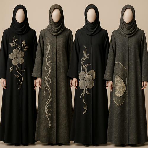Create a modest abaya that's the first of its kind, featuring a unique stone design that exudes a classy and sophisticated vibe. I'd like four designs, each showcasing different styles and fabrics.Incorporate high-end, unique chic stone designs to make them truly special. And add little cute touch of sophisticated stone designs. Add huge flower and unique designs.