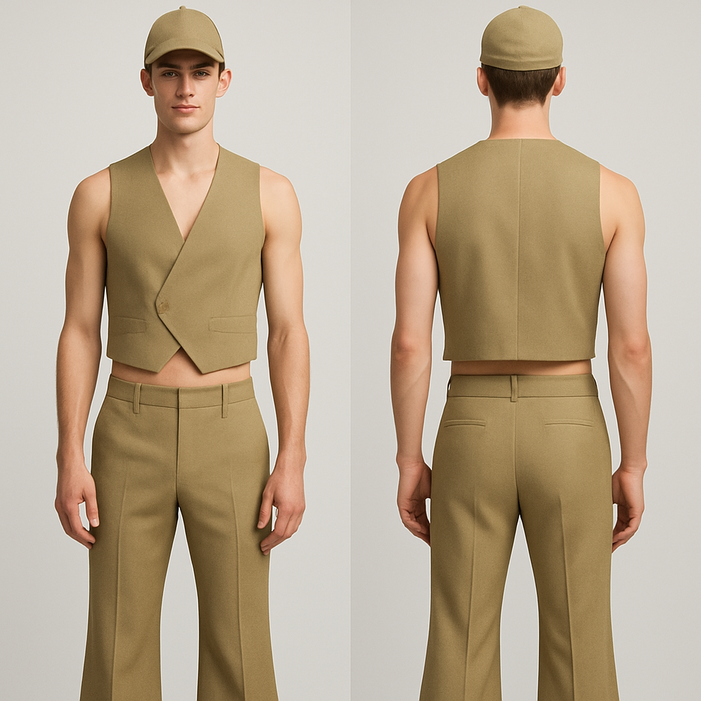 Short Cross tan khaki vest and flared tan khaki bottoms with a khaki cap with a mix of more sporty and a little business look on man with no undershirt
Short Cross tan khaki vest and flared tan khaki bottoms with a khaki cap with a mix of more sporty and a little business look on man with no undershirt , show front and back