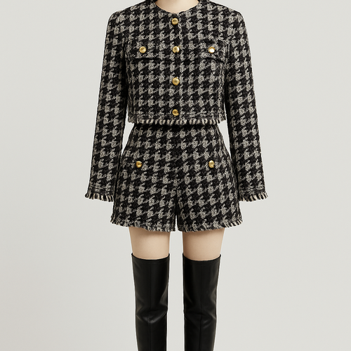 Tweed crop jacket in black and white with matching tweed shorts
Jacket slightly longer gold buttons pockets on breasts full length sleeves slight white fringe on end of sleeves
Bigger print and matching beret
Smaller beret more distinct pockets
Exact same just jacket slightly longer to cover the naval and show the beret and thigh high leather boots
Pockets on shorts with gold buttons
Add fringe on end of jacket to match sleeves