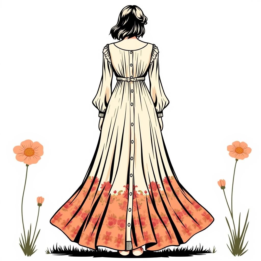 A summer dress with long sleeves ,with buttons in front all the way down in a maxi length. The back top of the dress must be shirred design so the bust area is a bit lose. The must be ties to the back so the waist will look smaller. The bottom of the dress from the waist down must be flowy . Show the front of the dress and th
Design a vintage-inspired maxi summer dress featuring long sleeves and a front button placket cascading from neckline to hem. The shirred back creates a relaxed fit at the bust, complemented by delicate ties that cinch the waist for an hourglass silhouette. The flowing skirt, evoking 1970s bohemian charm, completes this timeless look.