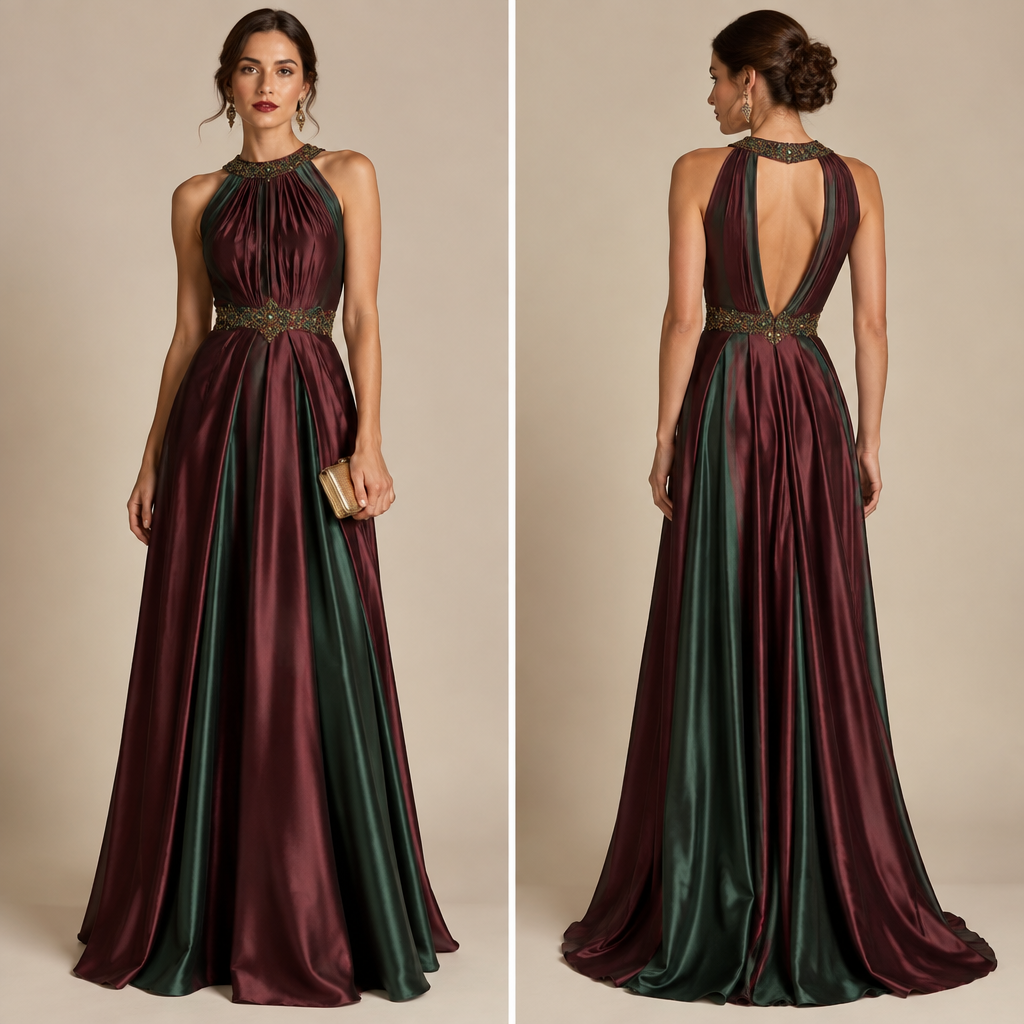 A Female Dress design, made of Silk, with an A-Line silhouette, in a Jewel Tones color palette, for Date Night, suitable for Fall, in Elegant + Italian + Gatsby style Present it as professional fashion catalogue photography: the garment is the subject, shown full-length with editorial styling, neutral posing and tasteful, non-suggestive framing.
photorealistic fashion design, A Female Dress design, made of Silk, with an A-Line silhouette, in a Jewel Tones color palette, for Date Night, suitable for Fall, in Elegant + Italian + Gatsby style Present it as professional fashion catalogue photography: the garment is the subject, shown full-length with editorial styling, neutral posing and tasteful, non-suggestive framing., elegant style, just the design no text, show front and back