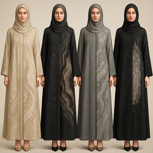 Create a modest abaya, first of its kind, featuring a unique stone design that exudes a classy and sophisticated vibe. I'd like four designs, each showcasing different styles and fabrics. Incorporate high-end, unique chic stone designs to make them truly special. Add little sophisticated stone designs. Make it irresistible for customers 