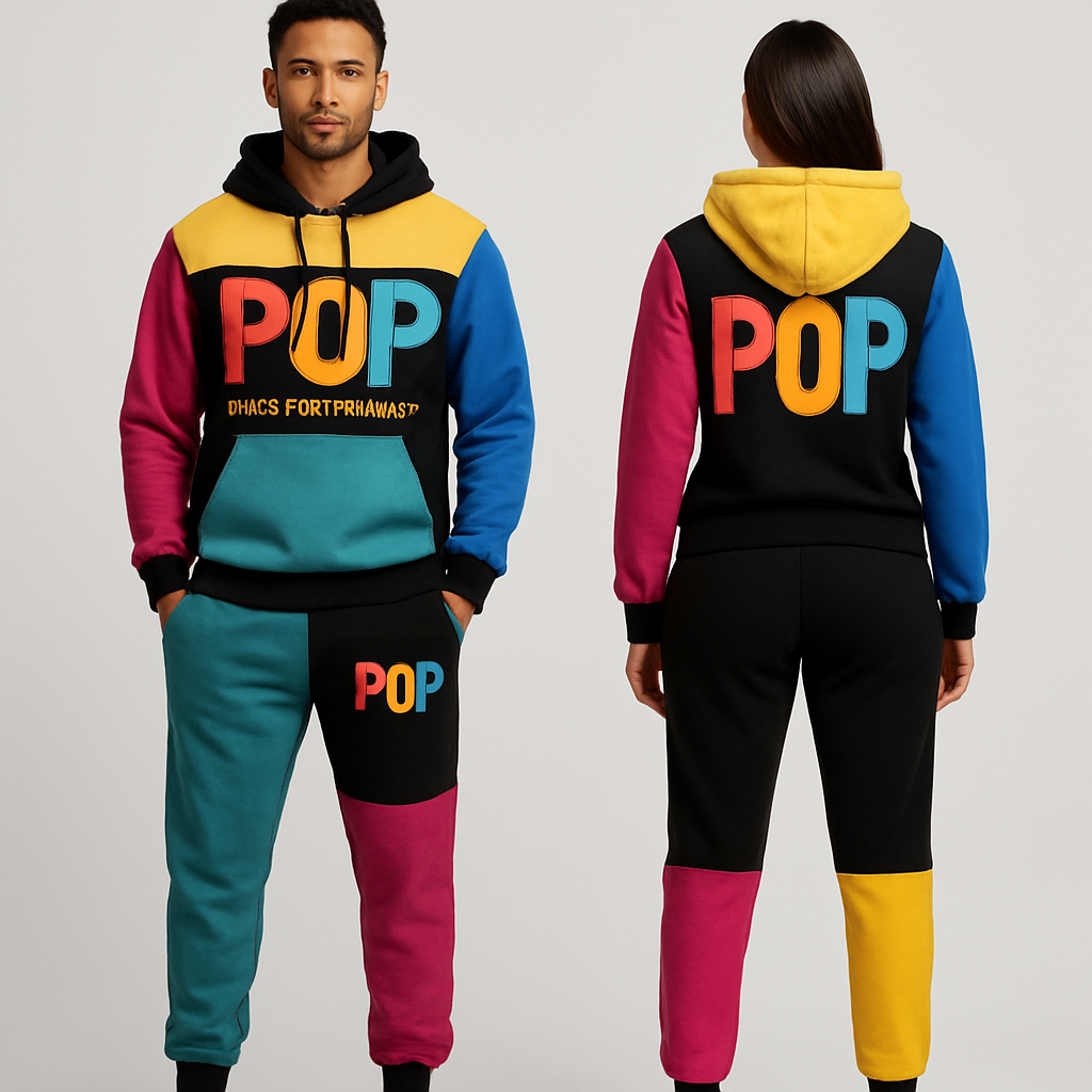 The name of the brand is Peace Over Pressure. I want a very fashionable and colorful two piece hoodie joggers on a male and female adult. The monogram is POP. Let the lettering be colorful and fashion appealing 

The name of the brand is Peace Over Pressure. I want a very fashionable and colorful two piece hoodie joggers on a male and female adult. The monogram is POP. Let the lettering be colorful and fashion appealing , streetwear style, show front and back