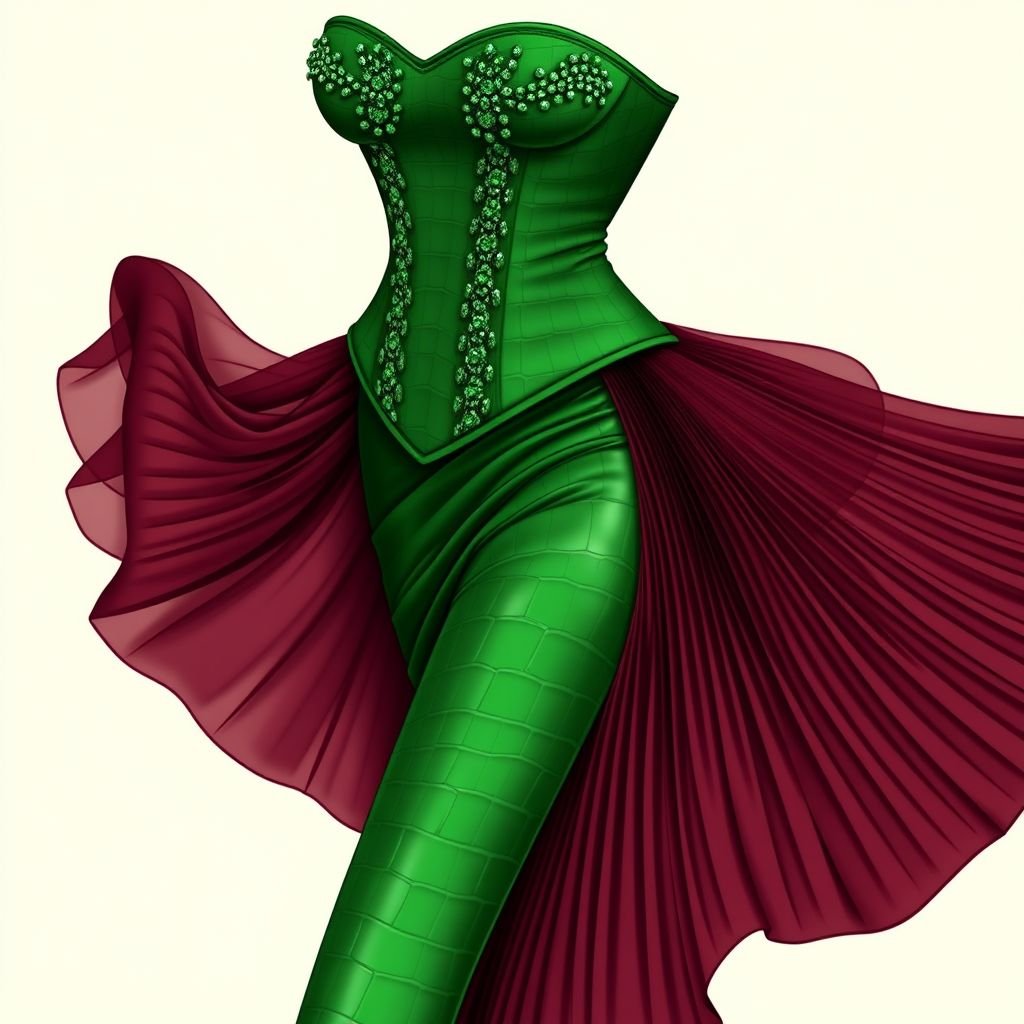 Green Aligator fabric corset with long pleated burgandy organza skirt bo details no lace add green rhinestones to the skirt
Design a striking ensemble featuring a luxurious green alligator fabric corset that hugs the body, adorned with intricate green rhinestones for a dazzling effect. Pair it with a long, flowing pleated burgundy organza skirt that billows dramatically, exuding glamour. The contrasting textures and colors create a captivating, show-stopping look perfect for a red carpet event.