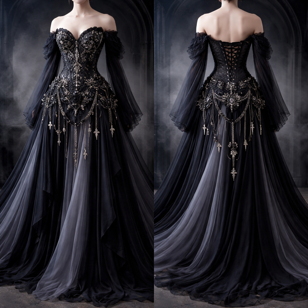 A floor length gown with flowing layers and chains with charms with a hard corset top with 3d designs
A floor length gown with flowing layers and chains with charms with a hard corset top with 3d designs , gothic style, show front and back