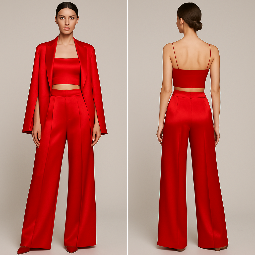 Вечерний костюм из шелка . Брюки высокая посадка широкие. Топ и накидка как пиджак. Но пиджак должен сниматься. Все в ярком красно алом цвете. Топ отдельно от штанов
Вечерний костюм из шелка . Брюки высокая посадка широкие. Топ и накидка как пиджак. Но пиджак должен сниматься. Все в ярком красно алом цвете. Топ отдельно от штанов, elegant style, show front and back