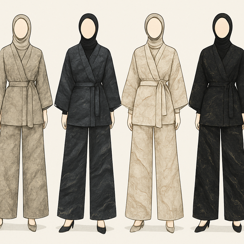 Create a modest two piece loose pant and kimono , first of its kind, featuring a unique stone design that exudes a classy and sophisticated vibe. I'd like four designs, each showcasing different styles and fabrics. Incorporate high-end, unique chic stone designs to make them truly special. Add little sophisticated stone designs. Make it irresistible!