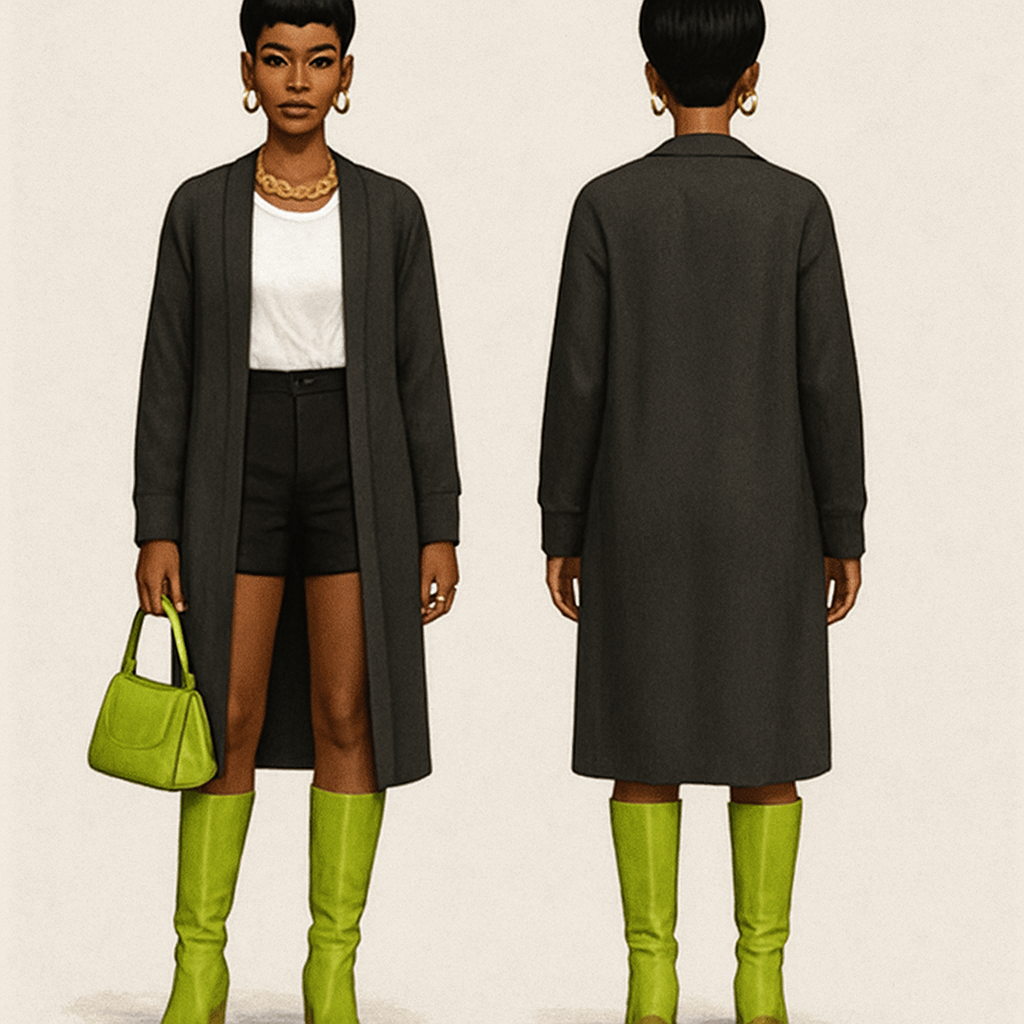 Black woman
Pixie cut
Long cardigan closed
White blouse
Black shorts
Gold jewelry
Lime high boots
Lime purse
Black woman
Pixie cut
Long cardigan closed
White blouse
Black shorts
Gold jewelry
Lime high boots
Lime purse
, streetwear style, show front and back